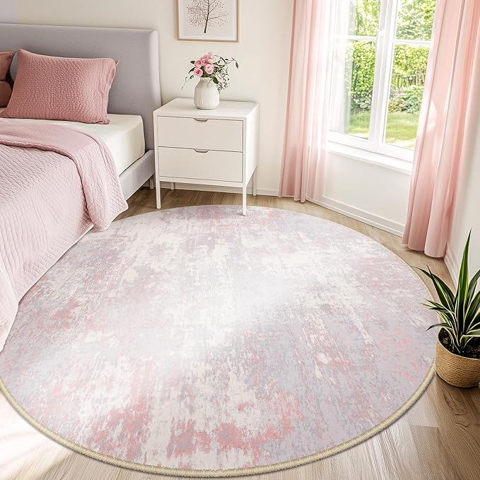 Washable Area Rugs 8ft Non-Slip Modern Abstract Soft for Living Room Entryway Bedroom Nursery, Print Pattern, Grey Pink