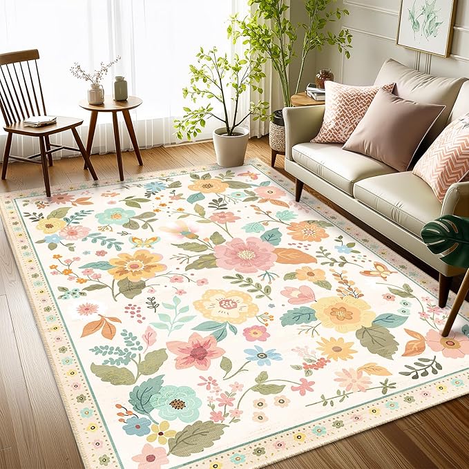 Floral 3x5 Area Rug Machine Washable Soft Print Boho Carpet Non Slip Doormat Low Pile Flower Area Rugs for Living Room Bedroom Nursery Kitchen Dining Room Indoor-Beige/White/Orange