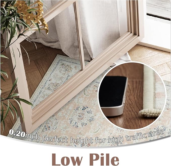 jinchan Washable Area Rug 4x6 Ultra-Thin Low Pile Non-Slip Stain Resistant Soft Faux Wool Spring Floral Rug Distressed Vintage Carpet for Bedroom,Living Room,Dining Room,Kitchen,Nursery(Pink, 4' x 6')