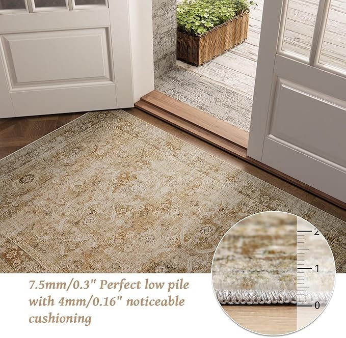 Washable 10x14 Area Rugs for Living Room, Boho Non-Slip Silicone Backing Rugs for Bedroom Dining Room Office, 0.3" Neutral Oriental Throw Carpet with 0.16" Cushioning Pad, Brown/Multi