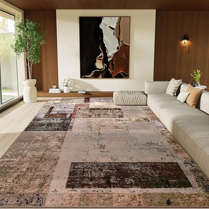 LOCHAS Rug for Living Room, Washable Soft Area Rugs for Bedroom 8x10, Abstract Carpet for Indoor Office Kids Dining Room Nursery Floor, Brown Geometric Vintage Home Decor, Non Slip, Pet Child Friendly