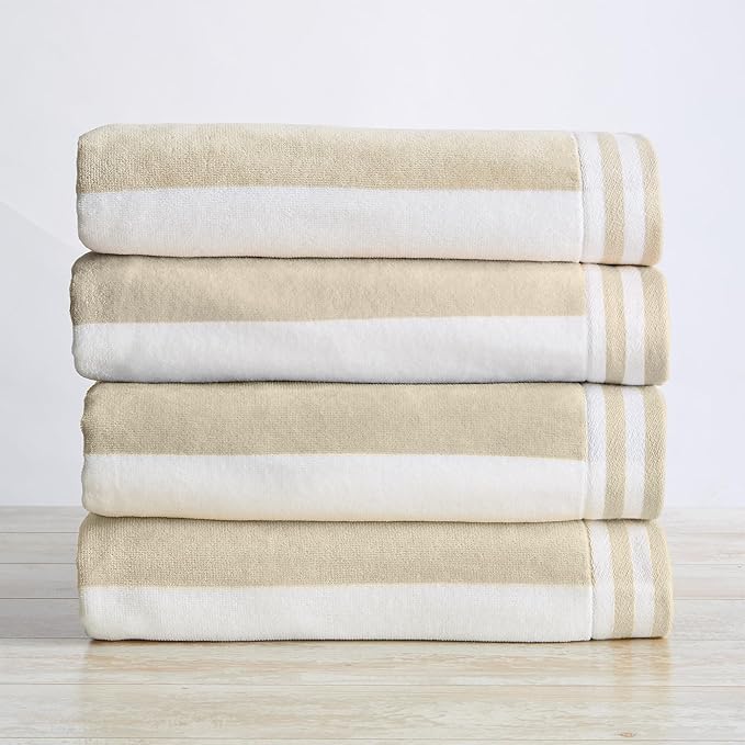 Great Bay Home 100% Cotton Velour 4 Pack Beach Towels 30" x 60" - Taupe Cabana Stripe Pool Towels - Quick Dry, Large Swim Towels