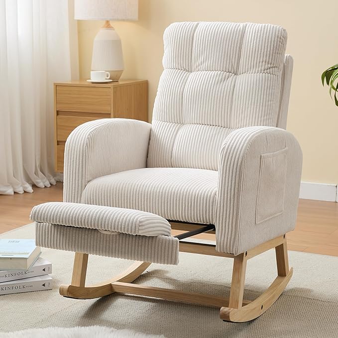 NIOIIKIT Nursery Rocking Chair, Corduroy Upholstered Rocking Chair with Adjustable Footrest, Tufted Rocker Chair with Side Pocket, Glider Rocker for Living Room, Bedroom (Cream Retro)