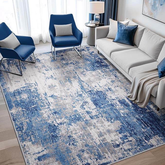 Washable Area Rugs 6'x9' Non-Slip Modern Abstract Soft for Living Room Entryway Bedroom Nursery, Print Pattern, Blue Grey Navy Gray