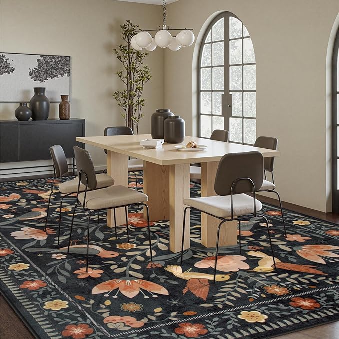 Moynesa Boho Bird Area Rug 9x12 for Living Room, Washable Rugs 9x12 Black Floral Bedroom Rug Low-Pile Soft Playroom Carpet, Jungle Pattern Vintage Rug Indoor Floor Carpet for Nursery
