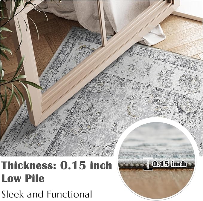 jinchan Runner Rug 2x5 Machine Washable Hallway Rug Grey Vintage Floral Print Non-Slip Low Pile Ultra-Thin for Kitchen,Entryway,Laundry Room,Bedroom,Farmhouse (2‘x5’,Grey)