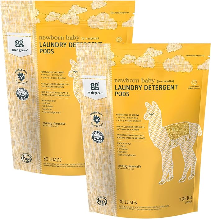 Grab Green Newborn Baby Laundry Detergent Pods, 60 Loads, Chamomile, Mineral Based, Non-Toxic, Stain Remover