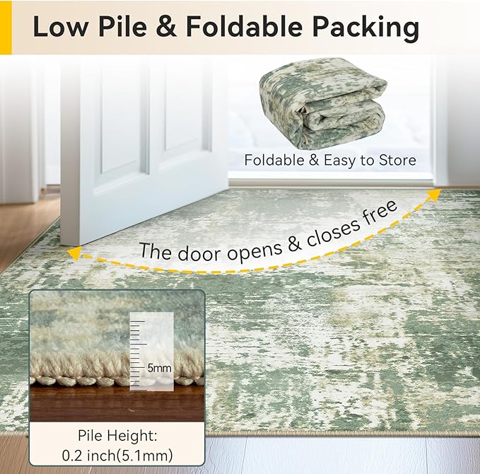 Washable Area Rugs 8'x10' Non-Slip Modern Abstract Soft for Living Room Entryway Bedroom Nursery, Print Pattern, Light Green/Yellow