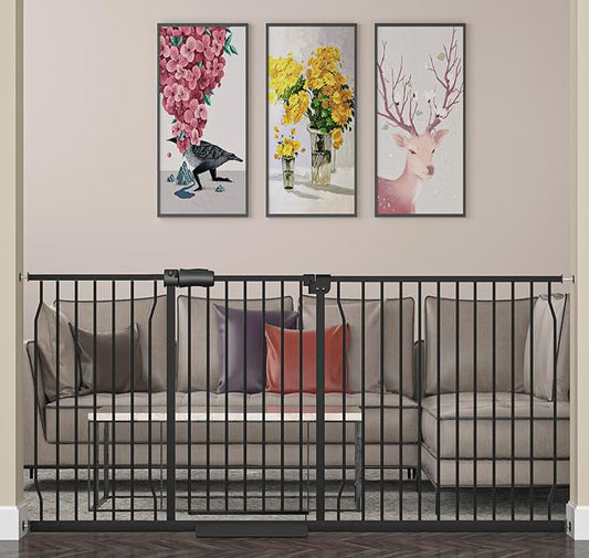 Extra Wide Baby Gate Extra Wide Pet Dog Gates for Stairs Doorways Black Metal Tension Indoor Safety Gates with Pressure Mount 71.5-76.38 Inch