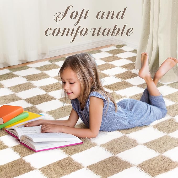 Super Soft Rug for Bedroom, 3x5 Ft Beige and White Area Rug Classic Checkered Shaggy Anti-Skid High Pile Soft Fluffy Rug Fuzzy Carpet for Living Room Bedroom Kids Room Nursery, Dorm Home Decor