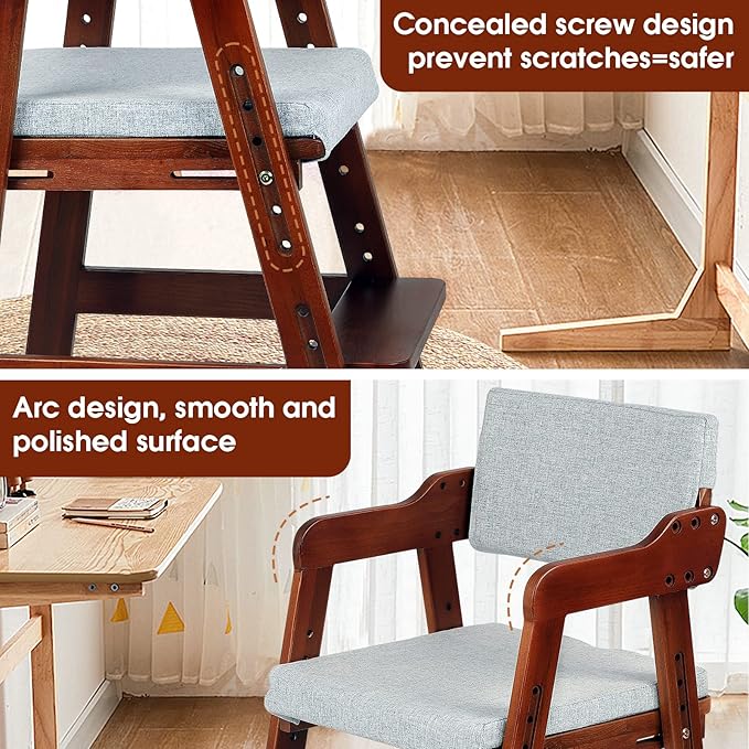 Ezebaby Wooden High Chair for Toddlers to Teens, Adjustable Kids Study & Dining Chair with Steps and Removable Cushion (Nut-Brown)