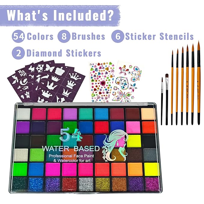 Face Painting Kit, 54 Colors Water Activated Face Paint Palette with Stencils, Brushes, Gems for Halloween Makeup, Parties, Carnival, School Event & Festivals