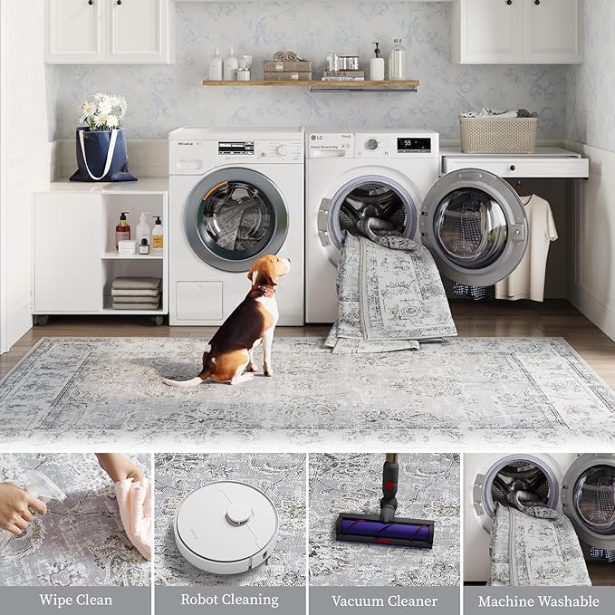 jinchan Hallway Runner Rug 3x10 Machine Washable Runner Rug Grey Vintage Floral Design Non-Slip Low Pile Ultra-Thin for Kitchen Laundry Room Bedroom Farmhouse (3‘x10',Grey)