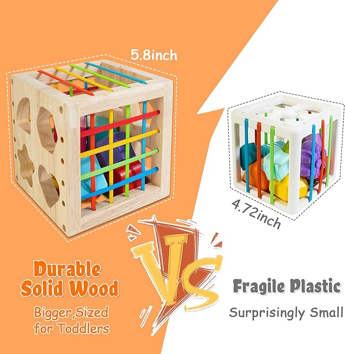 Montessori Toys for 1+ Year Old, Wooden Sorter Cube with 8pcs Rattling Shapes, Developmental Learning Toy Gifts for Baby Toddler Boys Girls, Gift Packaging