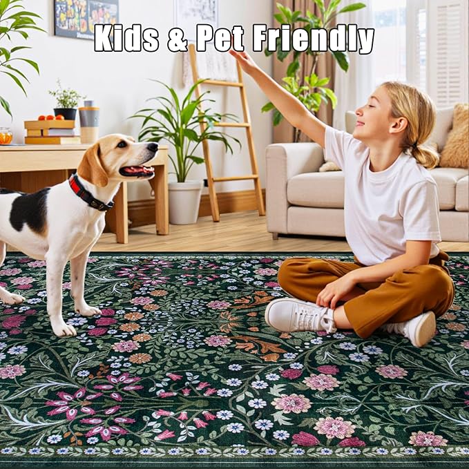 6x9 Area Rugs for Living Room: Floral Washable Rug Vintage Large Soft Boho Non-Slip Carpet Indoor Stain Resistant Thin Carpets for Bedroom Dining Room Farmhouse Nursery Hallway Home Office Dark Green