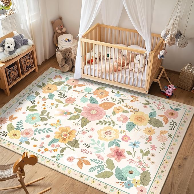 Floral 6x9 Area Rug Machine Washable Soft Print Boho Carpet Non Slip Doormat Low Pile Flower Area Rugs for Living Room Bedroom Nursery Kitchen Dining Room Indoor-Beige/White/Orange