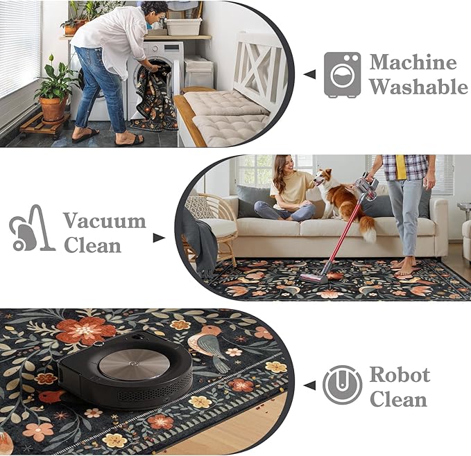 Moynesa Boho Bird 3x5 Rug, Ultra Thin Washable Kitchen Rugs Anti Skid Rubber Backing, Low Pile, Soft, Indoor Large Black Throw Carpet for Entryway Office Bedroom Bathroom Living Room