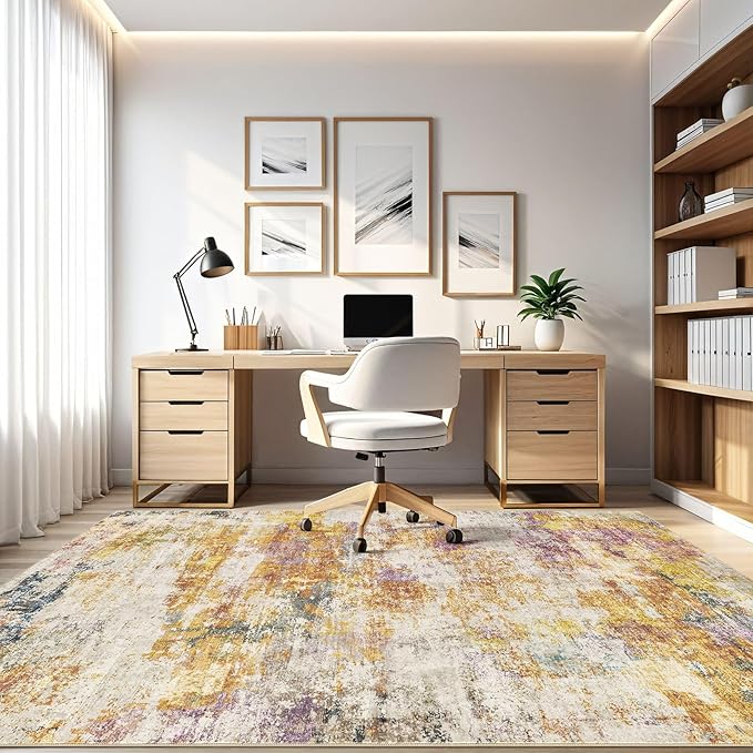 10X12 Area Rugs Living Room: Washable Large Abstract Modern Soft Stain Resistant Indoor Floor Rugs Non Slip Accent Carpet for Bedroom Nursery Playroom Office Dining Room Dorm Home House- Gold Colorful