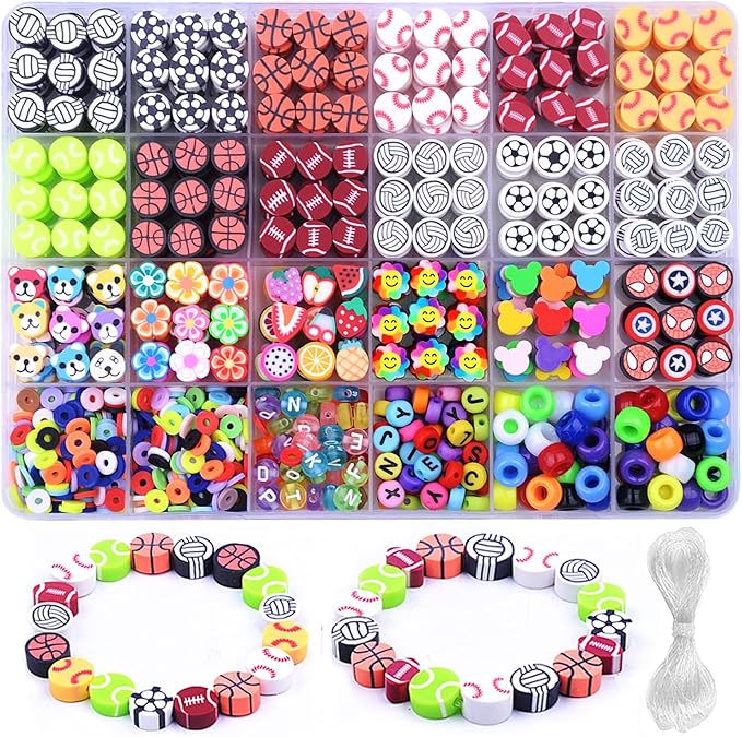 1000PCS Sports Polymer Clay Beads Bracelet Making kit, 24 Style Cute Fun Ball Beads Baseball Basketball Soccer Rugby Volleyball Football Charms, DIY Bracelet Making kit
