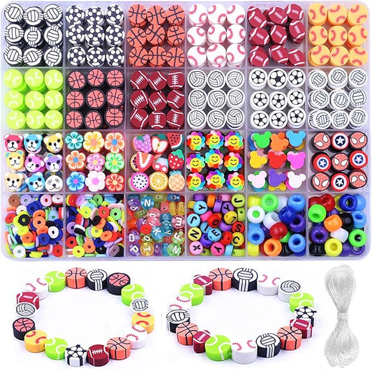 1000PCS Sports Polymer Clay Beads Bracelet Making kit, 24 Style Cute Fun Ball Beads Baseball Basketball Soccer Rugby Volleyball Football Charms, DIY Bracelet Making kit