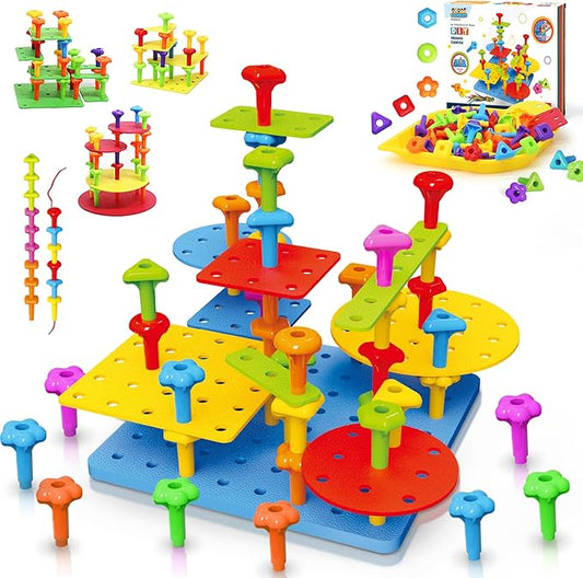 Peg Board Toy set 73Pcs DIY Building Stacking Toys for Kids 3-6 Years Old,STEM Educational Kids Toy for Brain Development,Montessori Sensory Toys,Upgrade Various Foam Board Plastic Lacing String Game