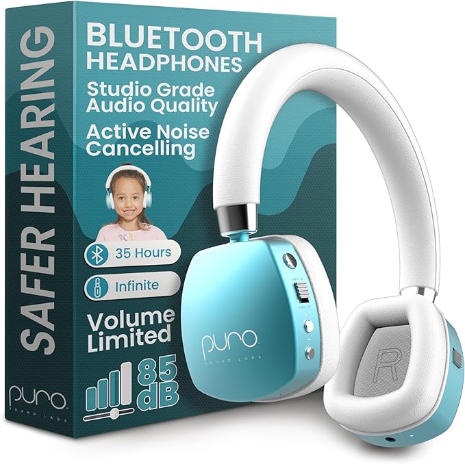 Puro Sound Labs PuroQuiet Plus Noise Cancelling Headphones for Kids, Bluetooth Kids On Ear Headphones with Mic, Lightweight On-Ear Design, Studio-Grade Sound (Teal)