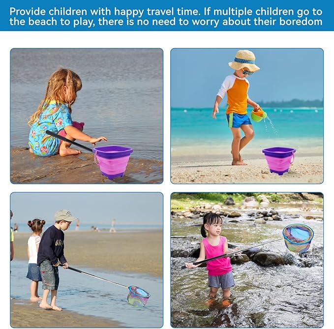 2PCS Fishing Net with Bucket, Telescopic Fishing Landing Net, Collapsible Kids Sand Bucket, Kids Fish Butterfly Catching for Freshwater Saltwater Outdoor Activities
