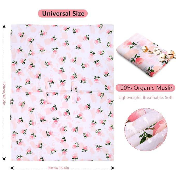 Rquite Car Seat Covers for Babies - 100% Muslin, Lightweight, Soft, Breathable Baby Carrier Cover - Summer Stroller Canopy (Pink Flower)