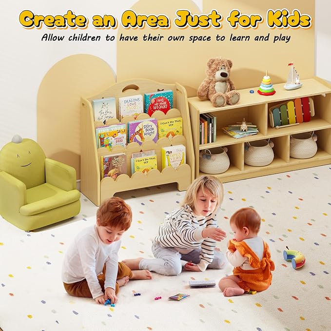 3-Tier Montessori Wooden Bookshelf for Kids, Toddler Book Rack Toy Organizer and Storage, Small Book Display Stand for Baby, Bookshelves Furniture for Classroom, Nursery, Playroom, Library