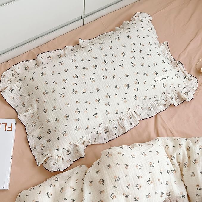 BuLuTu Cotton Muslin Kids Toddler Pillowcase with Cute Rose Flowers Super Soft Standard Nursery Pillowcase for Boys,Girls,Bedding Decor Machine Washable, Durable Pillowcase,1 Piece
