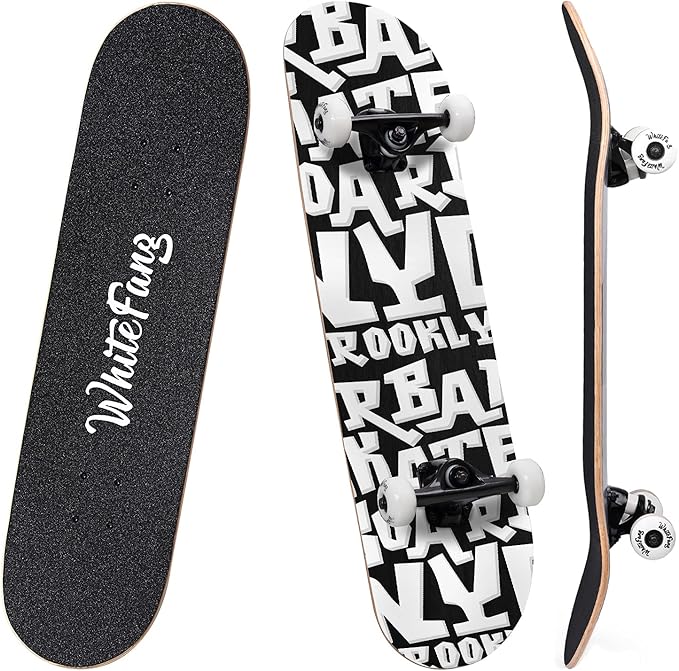 WhiteFang Skateboards for Beginners, Complete Skateboard 31 x 7.88, 7 Layer Canadian Maple Double Kick Concave Standard and Tricks Skateboards for Kids and Beginners