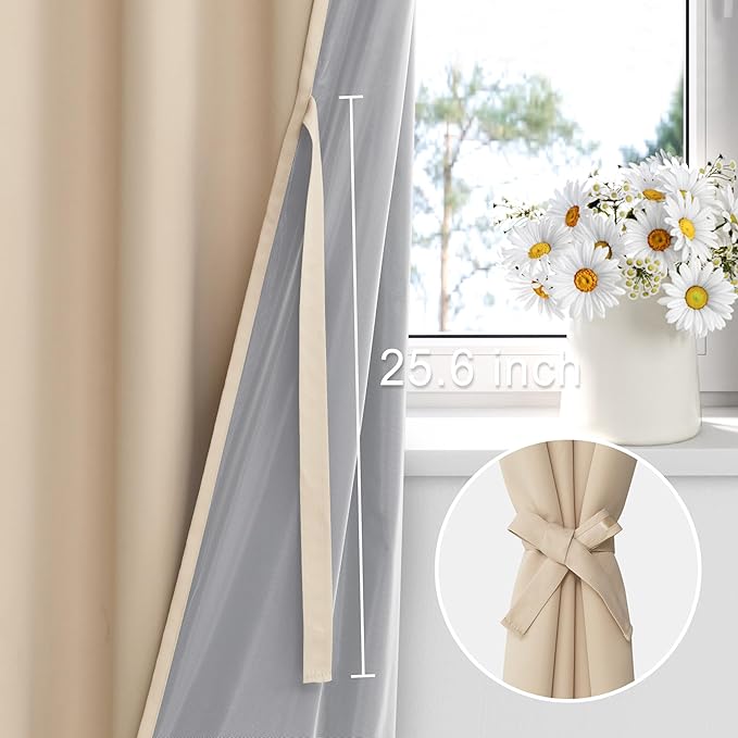 XWZO 100% Blackout Curtain Panels - Double Layer Full Room Darkening & Energy Efficiency Rod Pocket Window Panels with Tiebacks for Bedroom/Living Room, Biscotti Beige, W52 x L45, Set of 2