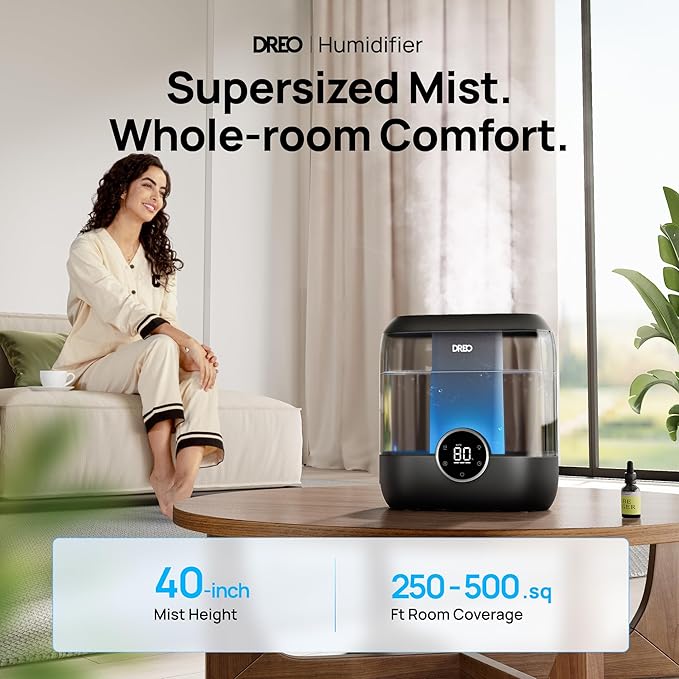 Dreo Smart Humidifiers for Bedroom, 6L Top Fill Supersized Cool Mist Humidifier for Large Room, 60 Hour Runtime, Quiet Ultrasonic Humidifiers for Plants, Baby, Indoor, Home, Night Light, Black