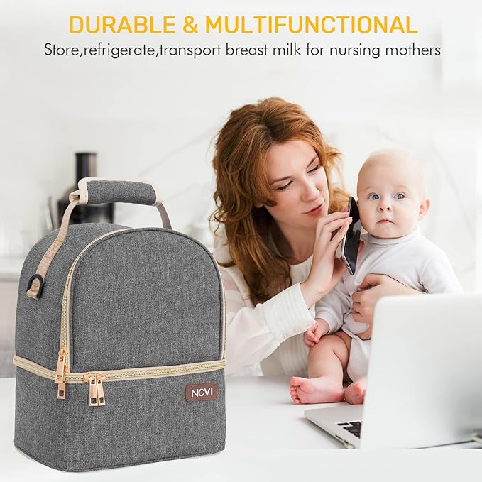 NCVI Breastmilk Cooler Bag with 2 Ice Pack, Breast Pump Bag with Cooler Fits 6 Bottles, Double Layer Breast Milk Baby Bottle Cooler Bag, for Travel, Nursing Mom Daycare, Work, Picnic (Grey)