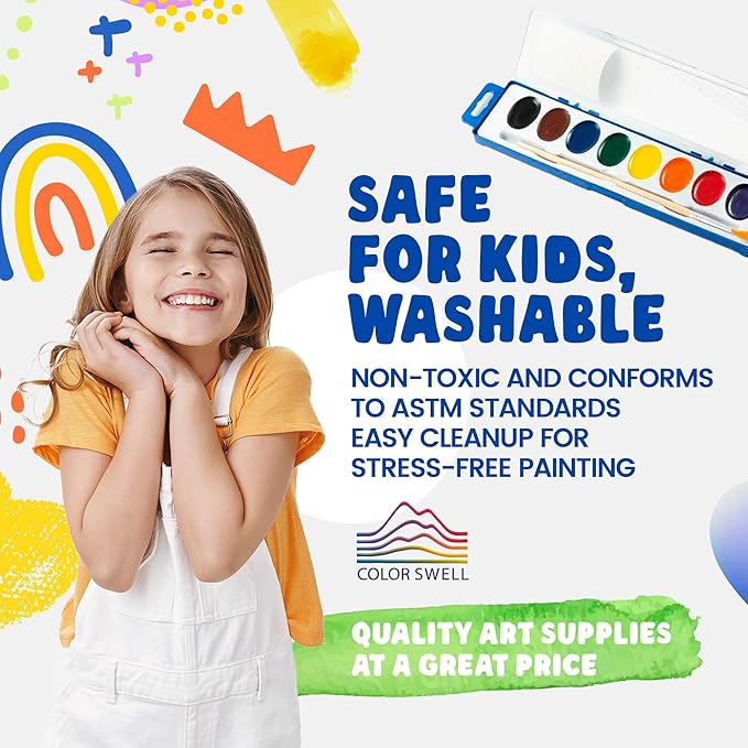 Color Swell 144 Set Bulk Watercolor Paint Pack with Wood Brushes 8 Colors Washable Water Colors Perfect for Kids Classroom Parties Students All Ages