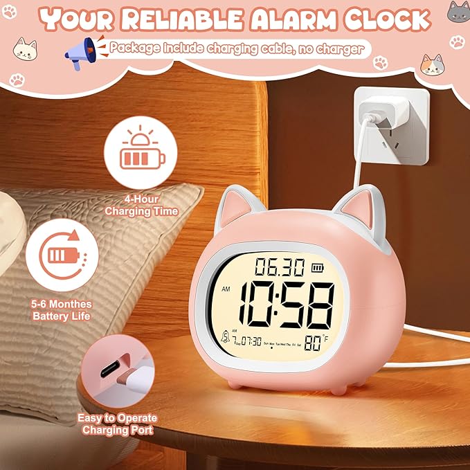 Kids Alarm Clock with Night Light for Kids, Small Digital Alarm Clocks for Bedrooms, Routine Builder, Cute Cat Alarm Clock with Sleep Training, Snooze, 12/24H, Date & Day, Temperature, USB Port