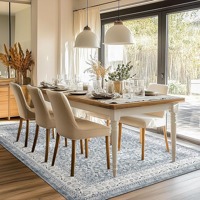 jinchan Floral 8x10 Area Rugs for Living Room - Machine Washable Vintage Distressed Boho Design Throw Rug Stain Resistant Carpet Low-Pile Thin Non-Slip for Bedroom Dining Room Nursery (8‘x10',Grey)