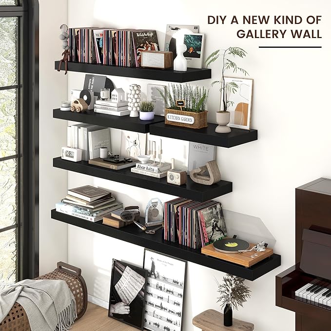 Floating Shelves - 2 Large Wall Mounted Shelves with Invisible Brackets, Long Wood Floating Wall Shelf for Living Room, Bedroom, Kitchen (Black, 36" W x 9" D x 1.5" H)