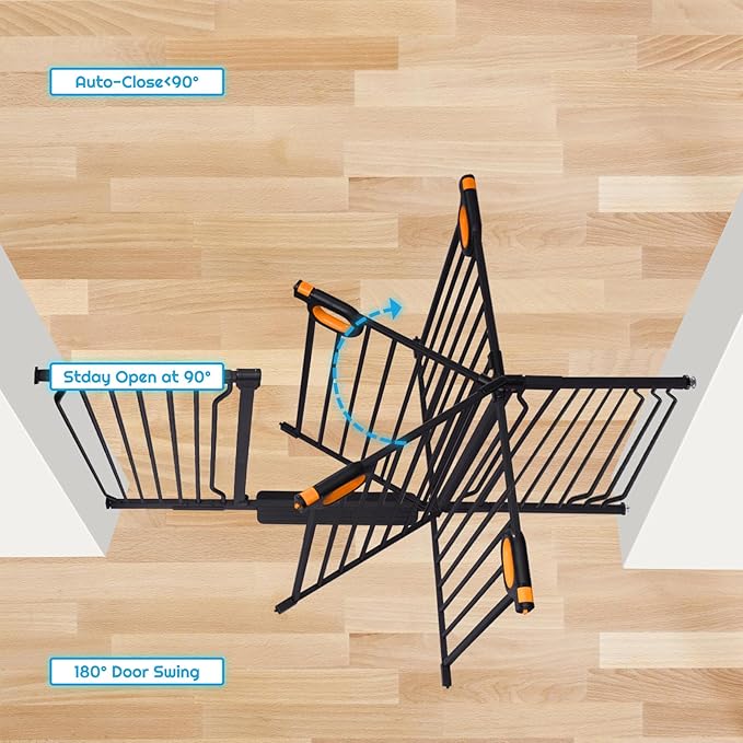 Owlie Baby Gate with Door 66-75 Inch, Extra Wide Stair Gates for Kids Adjustable Wide Dog Pet Gate Stairway Large Baby Gates Pressure Mount for Pets for House Stairway Doorway Black (30.5'' Tall)
