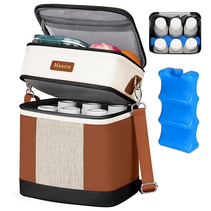 Mancro Breast milk Cooler Travel Bag Fits 6 Bottles Up to 9 Ounces，Double Layer Baby Bottle Cooler Bag with Ice Pack，Insulated Baby Bottle Bags for Daycare & Nursing Moms,Black and Brown