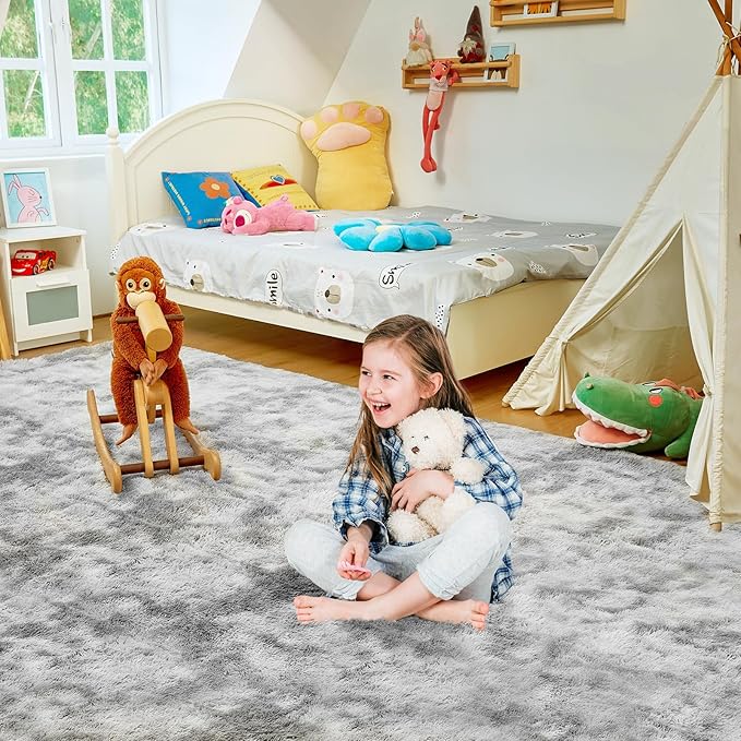 5X8 Ultra Soft Rug for Living Room, 5X8 Fluffy Shag Area Rug for Bedroom, Modern Shaggy Carpets Fuzzy Rug for Teens Dorm Nursery Home Decor Aesthetic, Upgrade Anti-Skid Durable, Tie-Dyed Light Grey