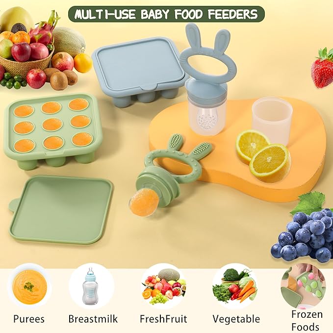 WAJIAYON Baby Breastmilk Popsicle Molds & Babies Fruit Feeder (3 Pack), Infant Food Freezer Tray Storage Containers, Silicone Teething Pacifier Feeder and Teether for Babies,Baby Feeders - Blue