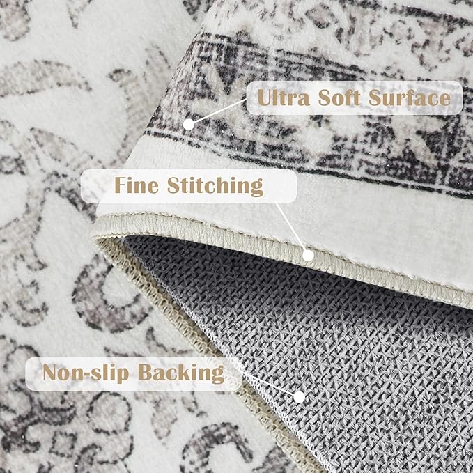 jinchan Runner Rug 2x7 - Machine Washable Beige Vintage Floral Distressed Design Soft Non-Slip Low-Pile Ultra-Thin Runner Rug for Kitchen Hallway Laundry Room Entryway Farmhouse (2‘x7',Beige)