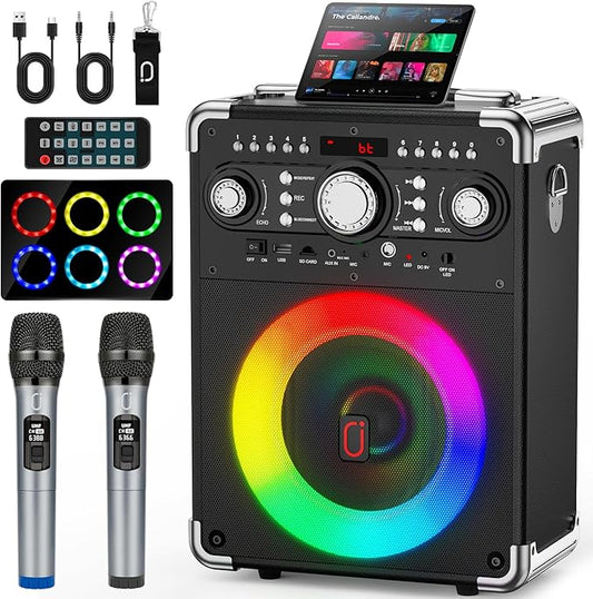 Karaoke Machine with 2 Wireless Microphones for Adults, Portable Bluetooth Party Speaker with Echo Adjustment, Singing Machine Support TWS/USB/TF Card/Guitar/TV Connected for Outdoor/Events etc