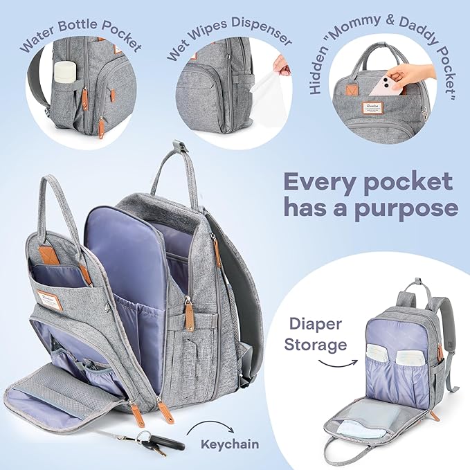RUVALINO Diaper Bag Backpack-Expandable Baby Bag with up to 50% Capacity -Baby Essentials Bag with Changing Pad Insulated Bottle Holders & Pacifier Case, Waterproof, Gray XL
