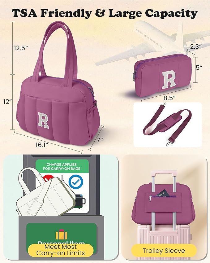 Duffle Bag with Initial, Spend The Night Bags for Women，Overnight Bag with Wet Pocket，Birthday Gift-Lightweight Travel Bags Personalized Gym Tote with Makeup Pouch