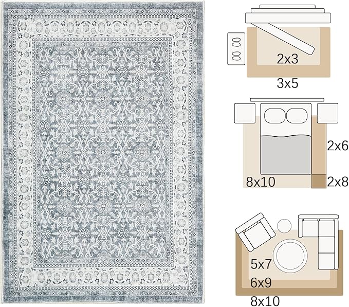 jinchan Floral 9x12 Area Rugs for Living Room - Machine Washable Vintage Distressed Boho Design Soft Throw Rug Large Carpet Low-Pile Thin Non-Slip for Bedroom Dining Room Nursery (9‘x12',Grey)