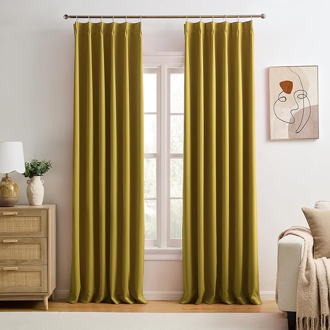 KEQIAOSUOCAI Yellow Pinch Pleated Curtains 108 Inch Length 2 Panels Set Noise Cancelling Window Drapes for Nursery Bedroom Living Room 40x108
