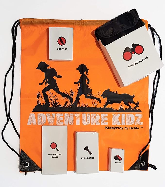 Adventure Kidz Outdoor Exploration Kit, Children’s Binoculars, Flashlight, Compass, Fox Whistle, Magnifying Glass, Backpack. Great Gift Set for STEM, Pretend Play, Ages 3+ Boys Girls
