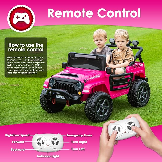 24V 2 Seater Ride On Truck with Remote Control 4WD Electric Car for Kids Ride On Car Battery Powered Ride On Toy Car with Music Player, LED Lights, Bluetooth, Rear Shock Absorber, Hot Pink
